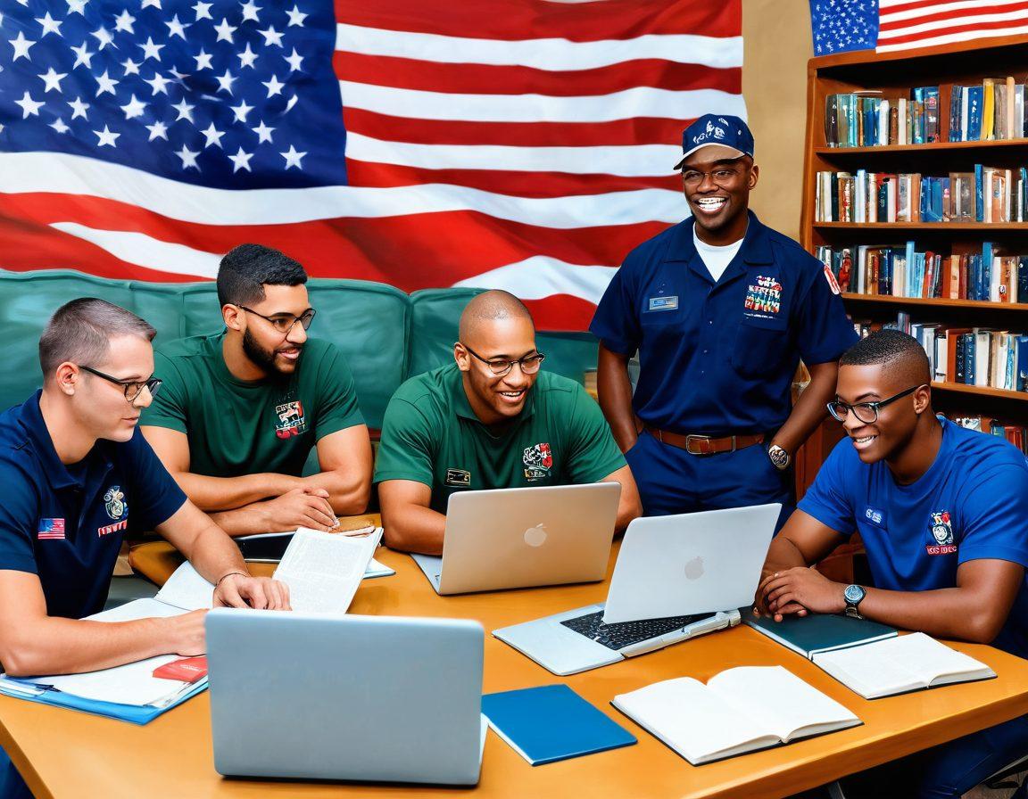 A diverse group of veterans engaged in an online classroom setting, surrounded by books and laptops, symbolizing education and community support. They are sharing experiences and building connections. The background features elements of patriotism, such as an American flag and military insignia. Warm, inviting colors to evoke a sense of camaraderie and hope. digital painting. vibrant colors.