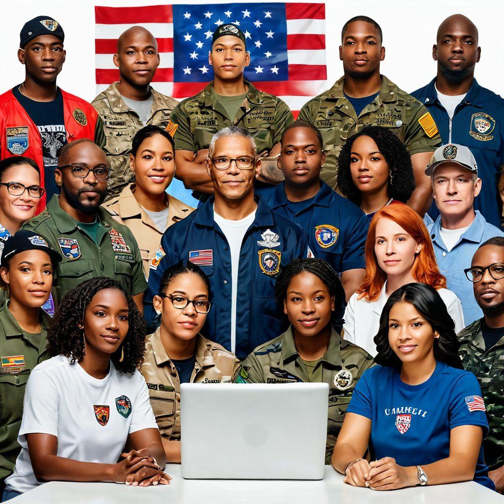 A diverse group of veterans engaged in a supportive online discussion, surrounded by digital icons representing various resources (like books, forums, and articles) and symbols of strength (like a shield or eagle). The atmosphere conveys a sense of community and empowerment, with warm, inviting colors and intricate details in the background. super-realistic. vibrant colors. white background.