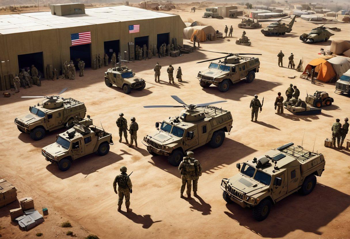 An illustrated scene of a military support operation, featuring diverse personnel collaborating over maps and equipment in an army base setting. Visual symbols of cooperation and dedication like flags, helicopters in the background, and structured guidelines overlaying the image. The atmosphere should convey expertise and teamwork. vibrant colors. super-realistic.